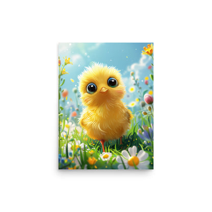 Cartoon yellow chick in summer field Poster