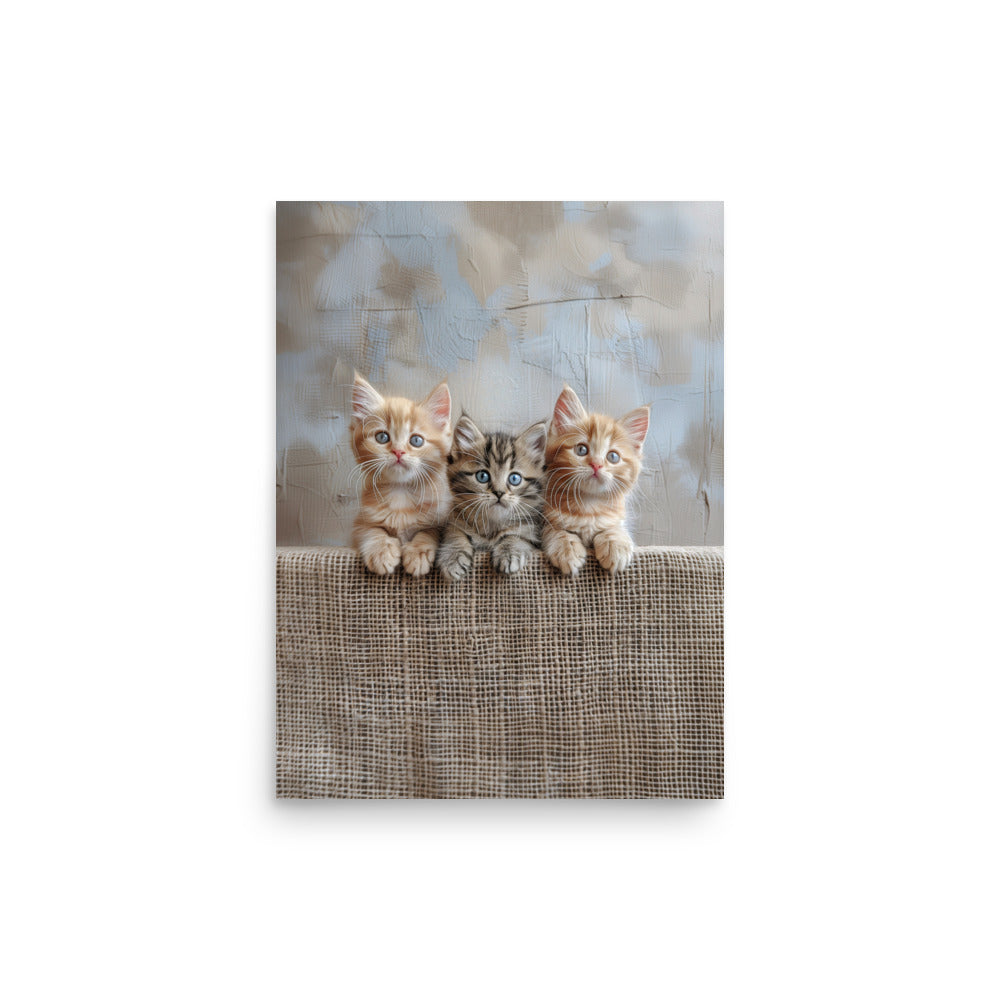 Trio de chatons sur une clôture en jute Affiche