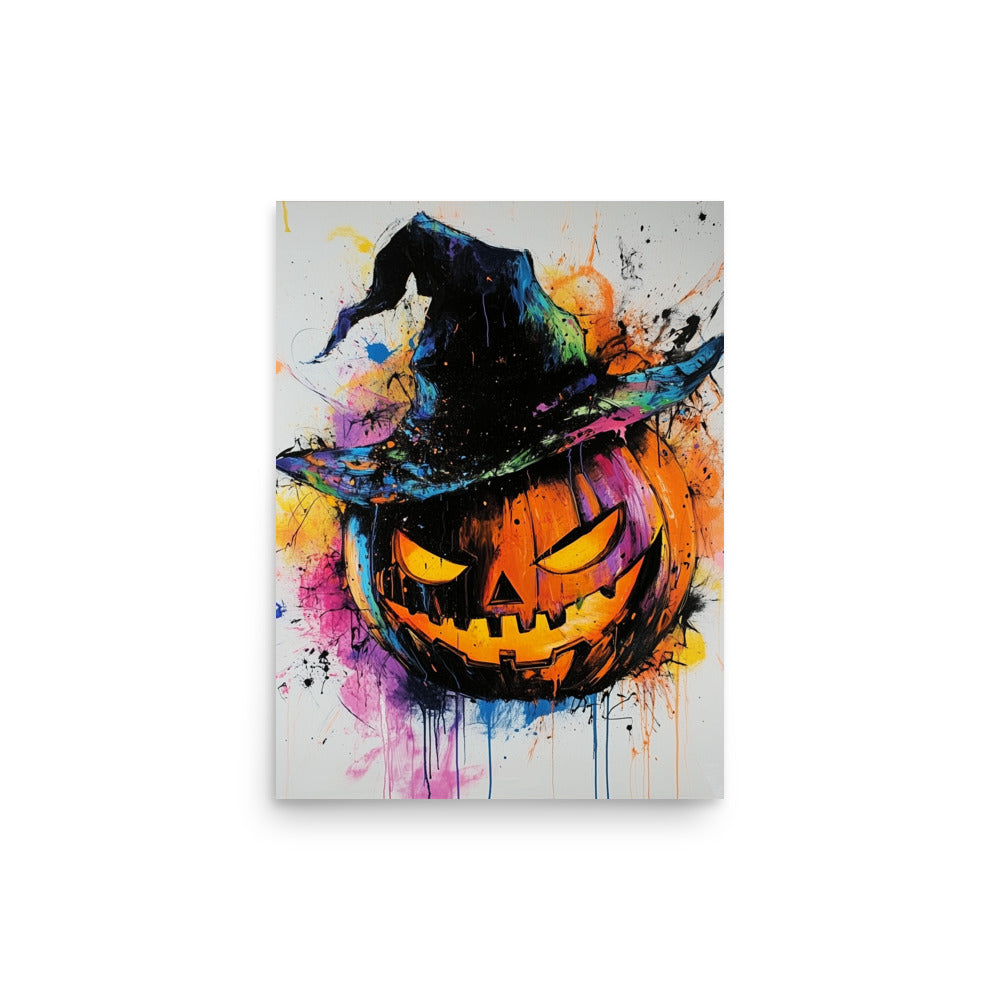 Vibrant Halloween Jack-O'-Lantern Colorful Witch Hat Pumpkin Poster