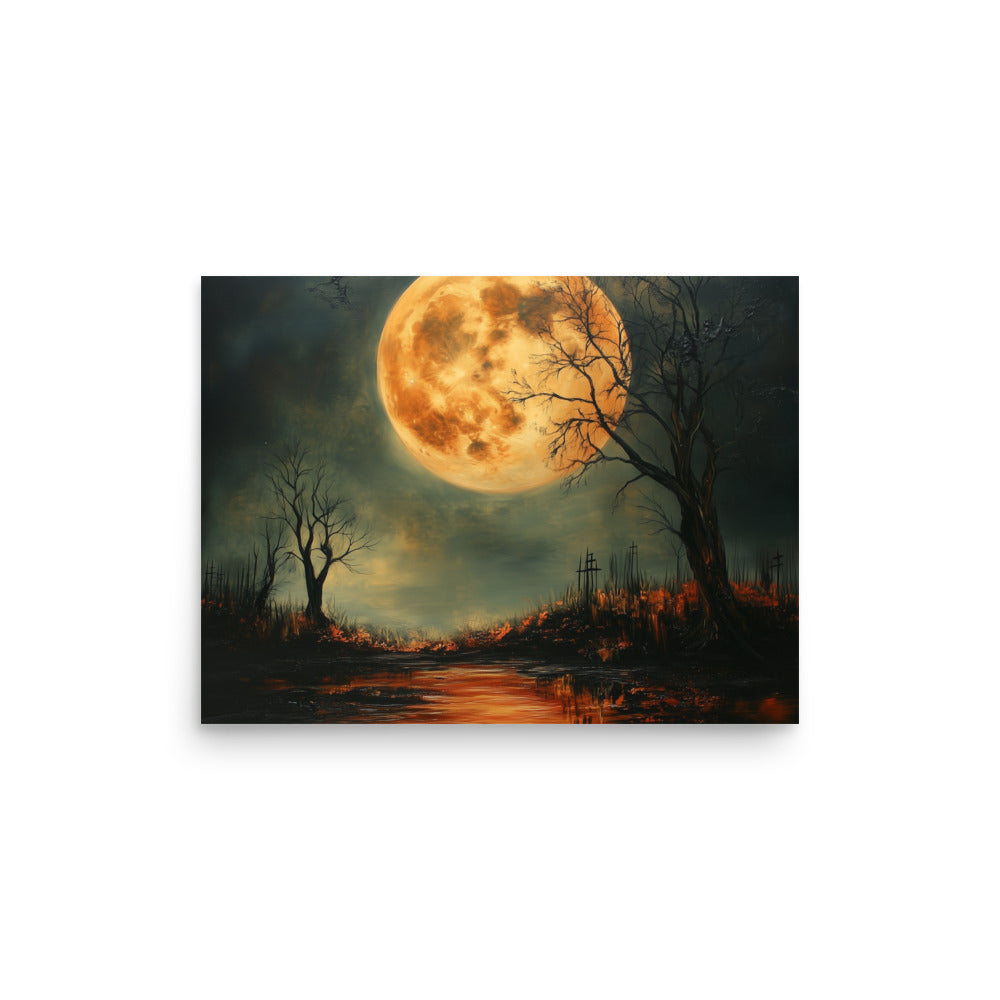 Haunted Full Moon – Spooky Landscape with Reflections Poster