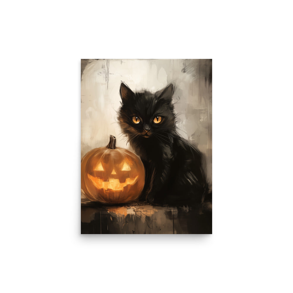 Black Cat and Pumpkin Halloween Portrait Poster