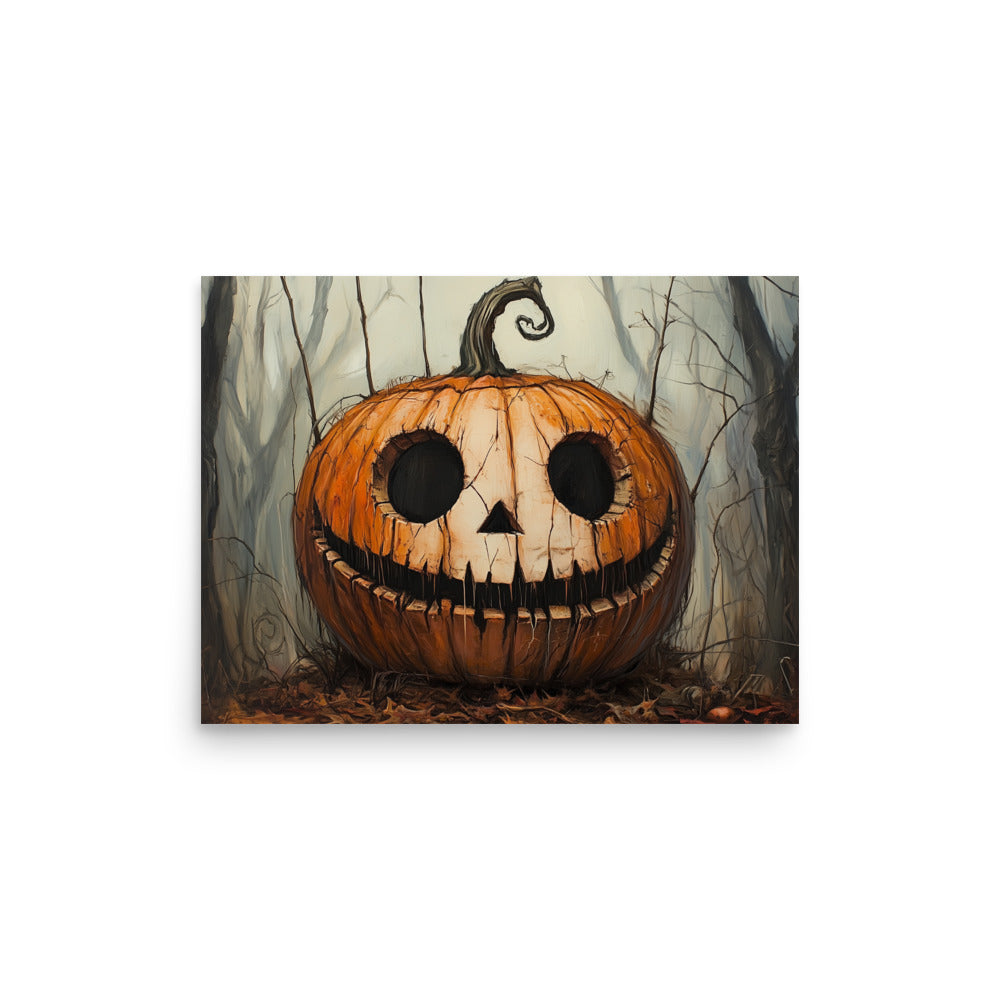 Creepy Smiling Pumpkin in Dark Forest Poster