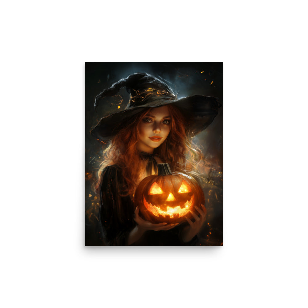 Beautiful Redhead Witch Holding Carved Pumpkin Poster