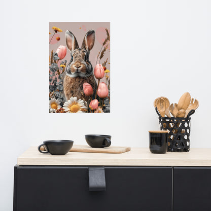 Brown bunny rabbit in tulips Poster