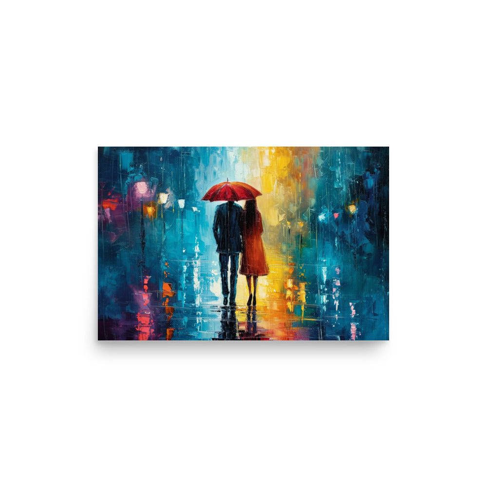 Couple d'amoureux sous la pluie la nuit partageant un parapluie - Affiche