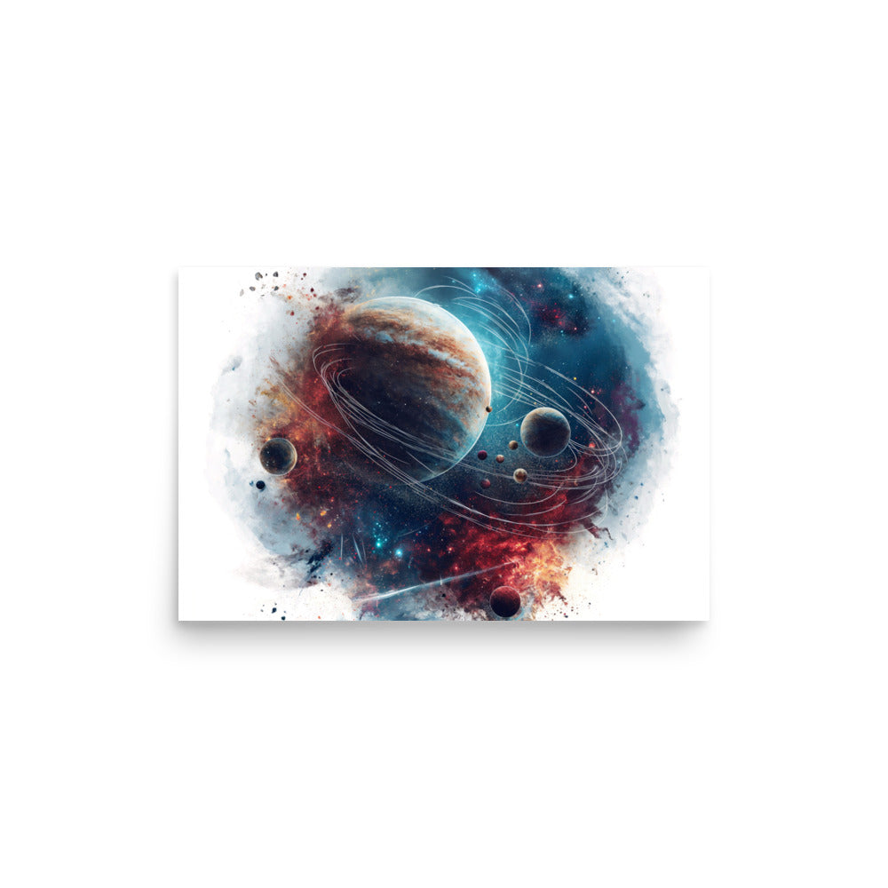 Watercolor space scene with gas giant planet, moons and stars - Poster