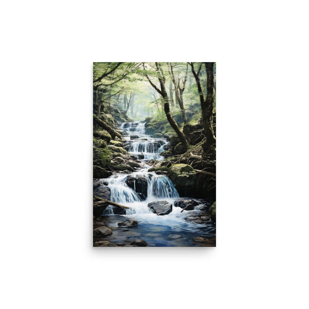 Forêt luxuriante et ruisseau d'eau Affiche