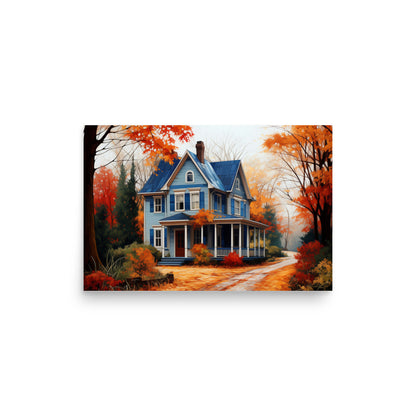 Maison de campagne bleue en automne Affiche