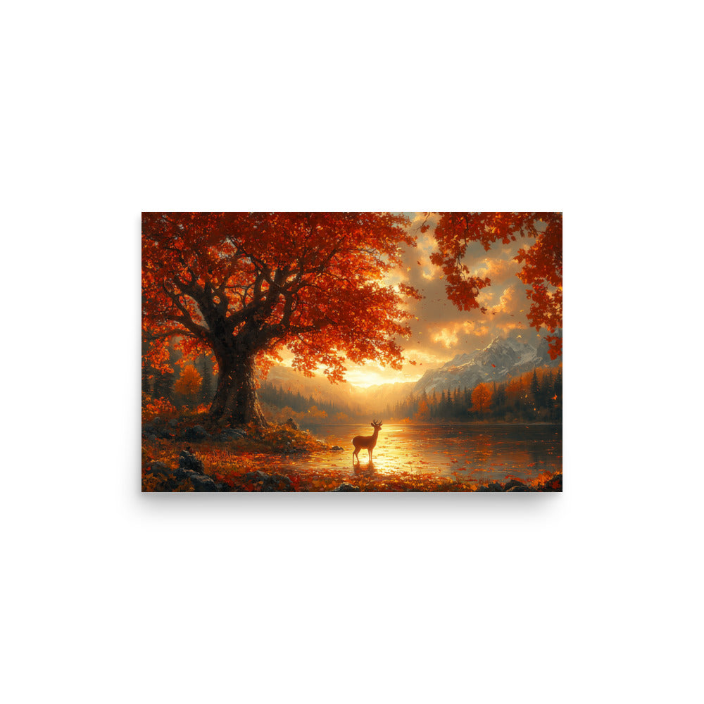 Autumn oak deer lake dawn Poster