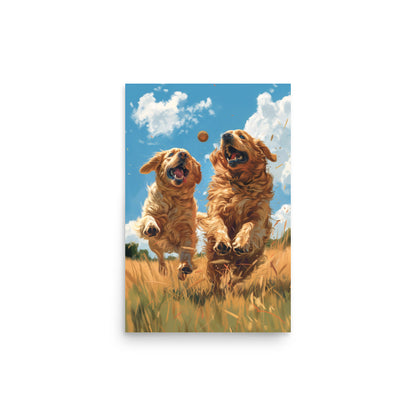 Two golden retriever dogs playing in a field Poster