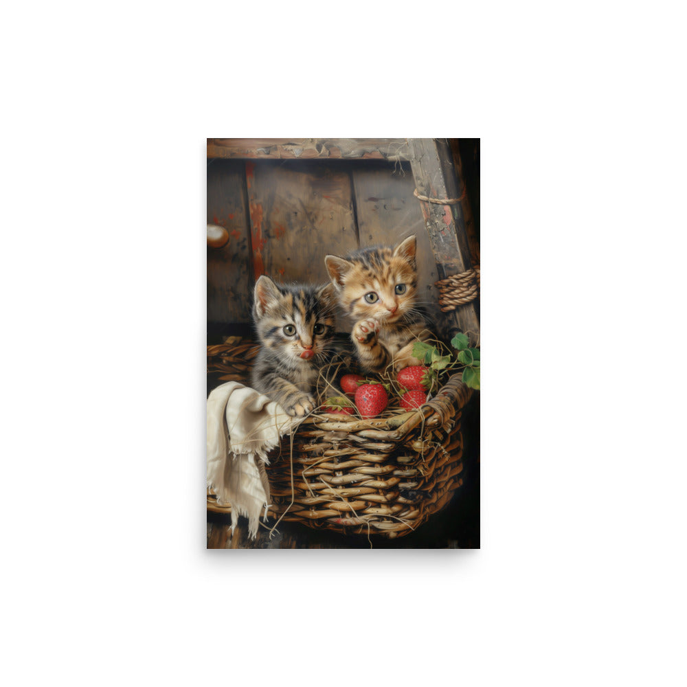 Kittens in wicker basket and strawberries Poster