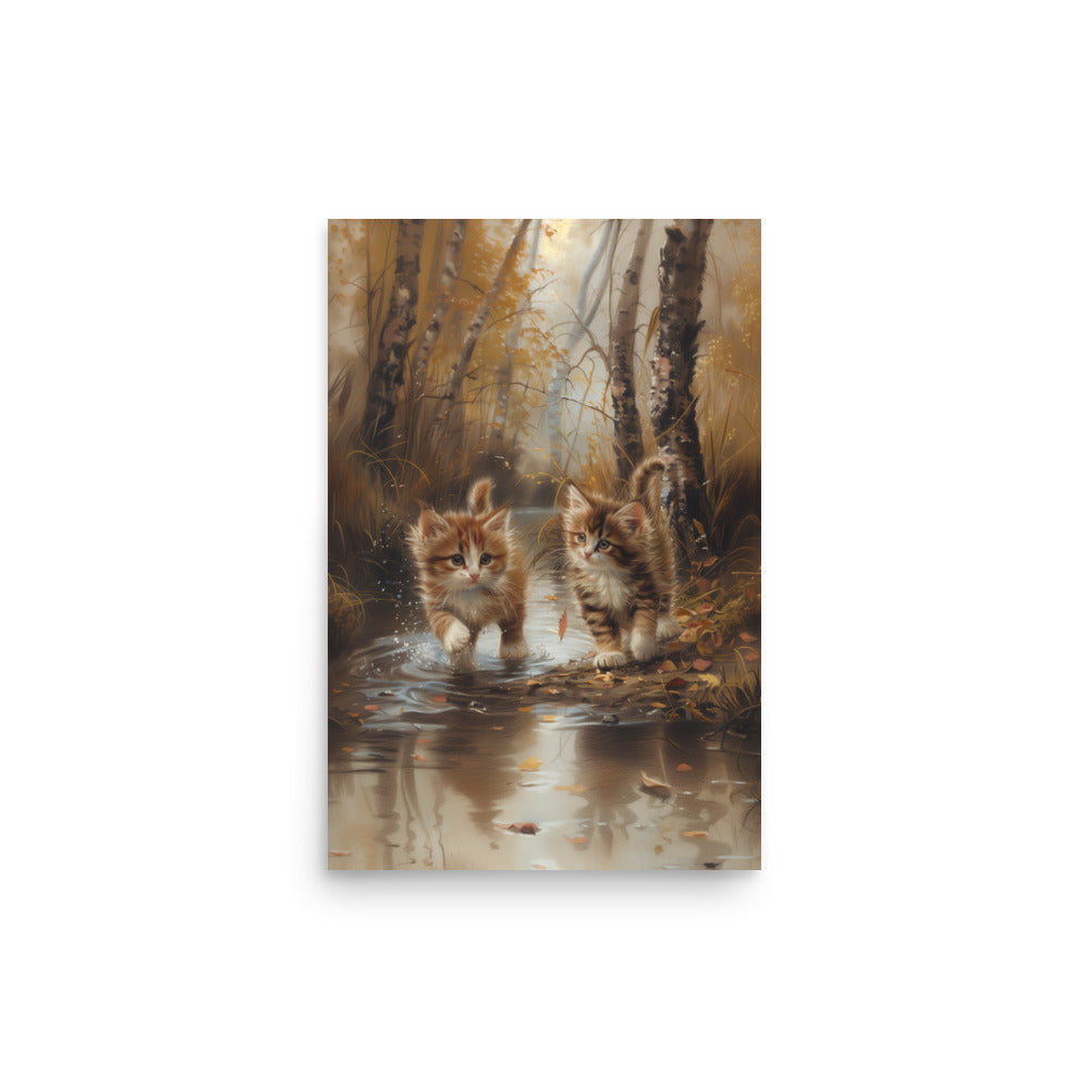 Two tabby kittens exploring the forest Poster