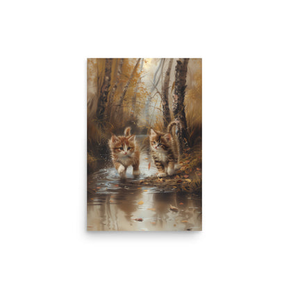 Two tabby kittens exploring the forest Poster