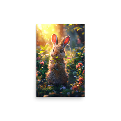 Forêt luxuriante et lapin en dessin animé marron Affiche