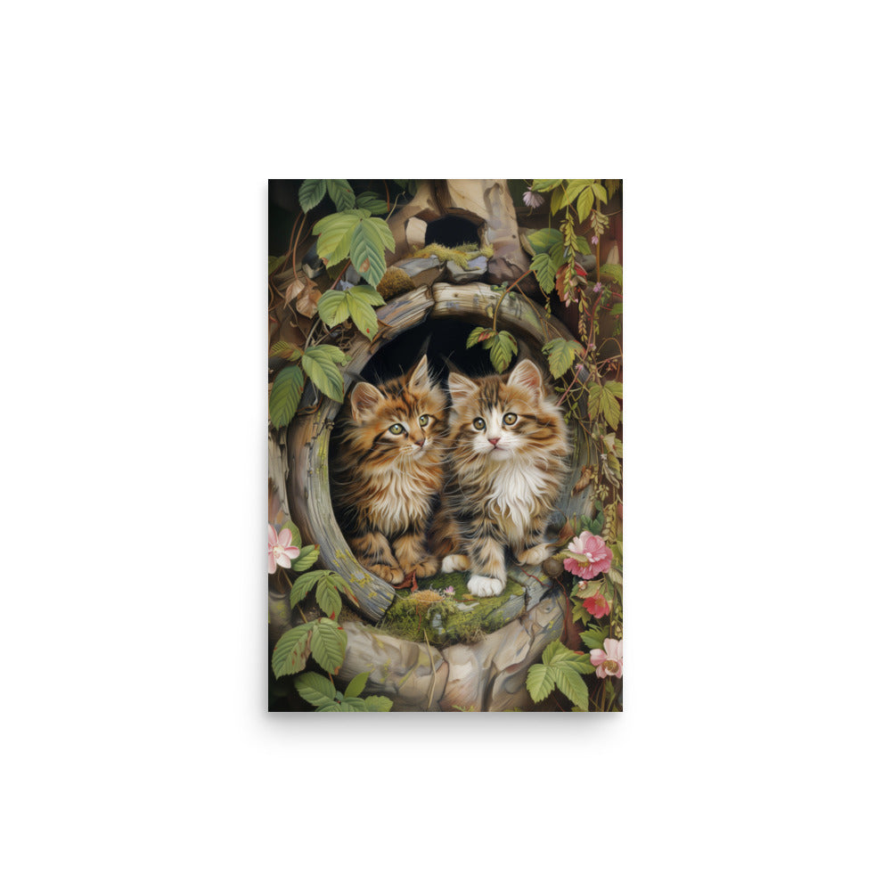 Two tabby kittens in a wooden pipe Poster