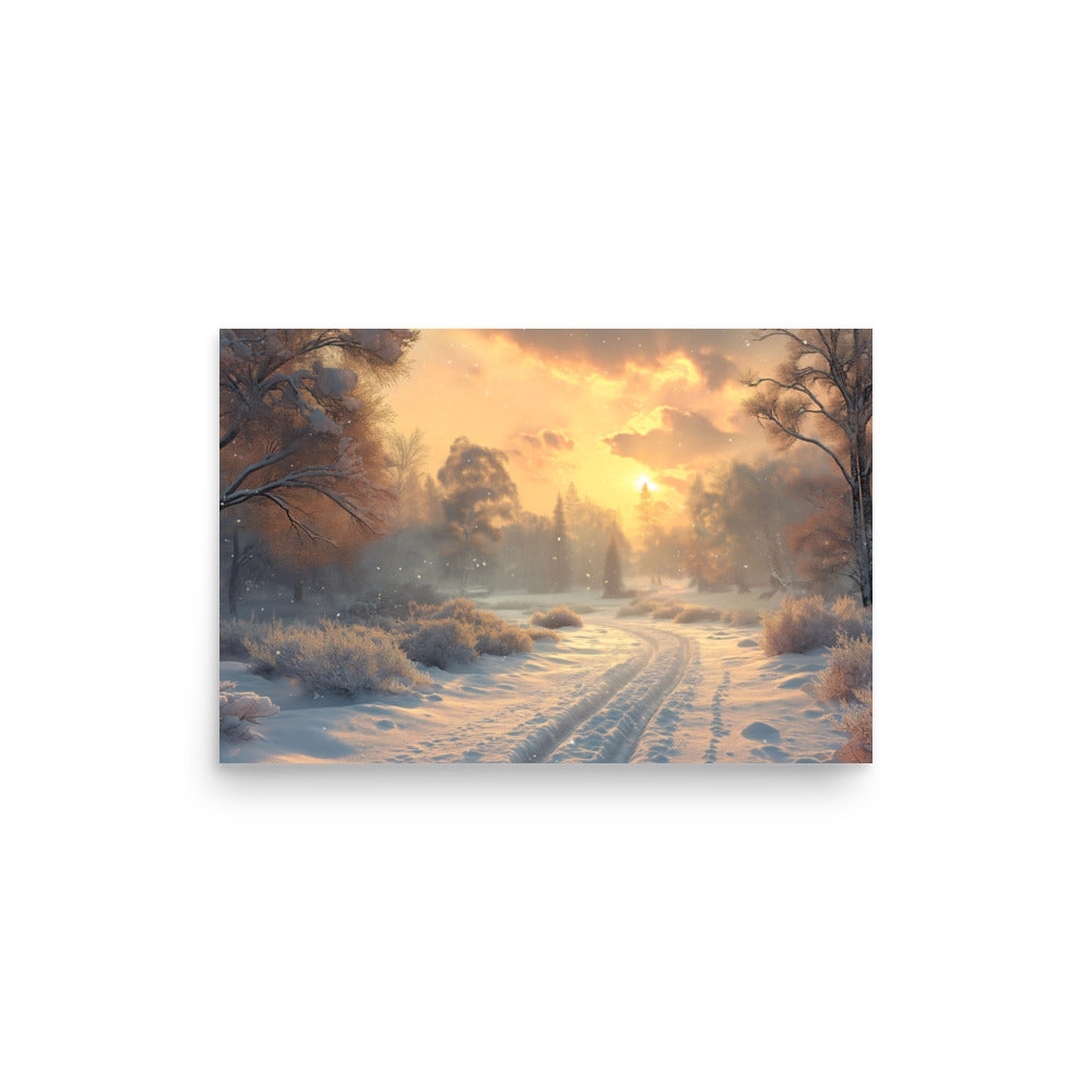 Snowy road at dawn Poster