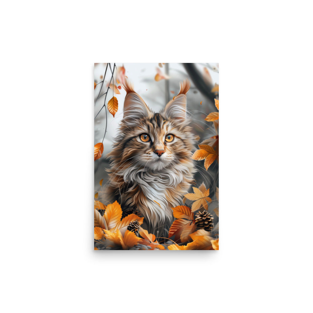 Portrait de chat Maine coon dans les feuilles d'automne Affiche