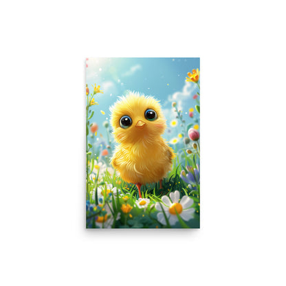 Cartoon yellow chick in summer field Poster