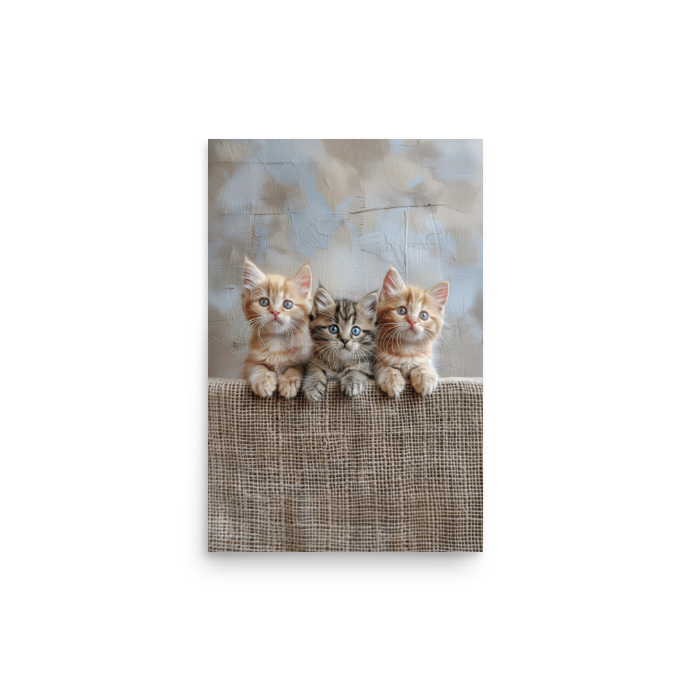 Trio de chatons sur une clôture en jute Affiche