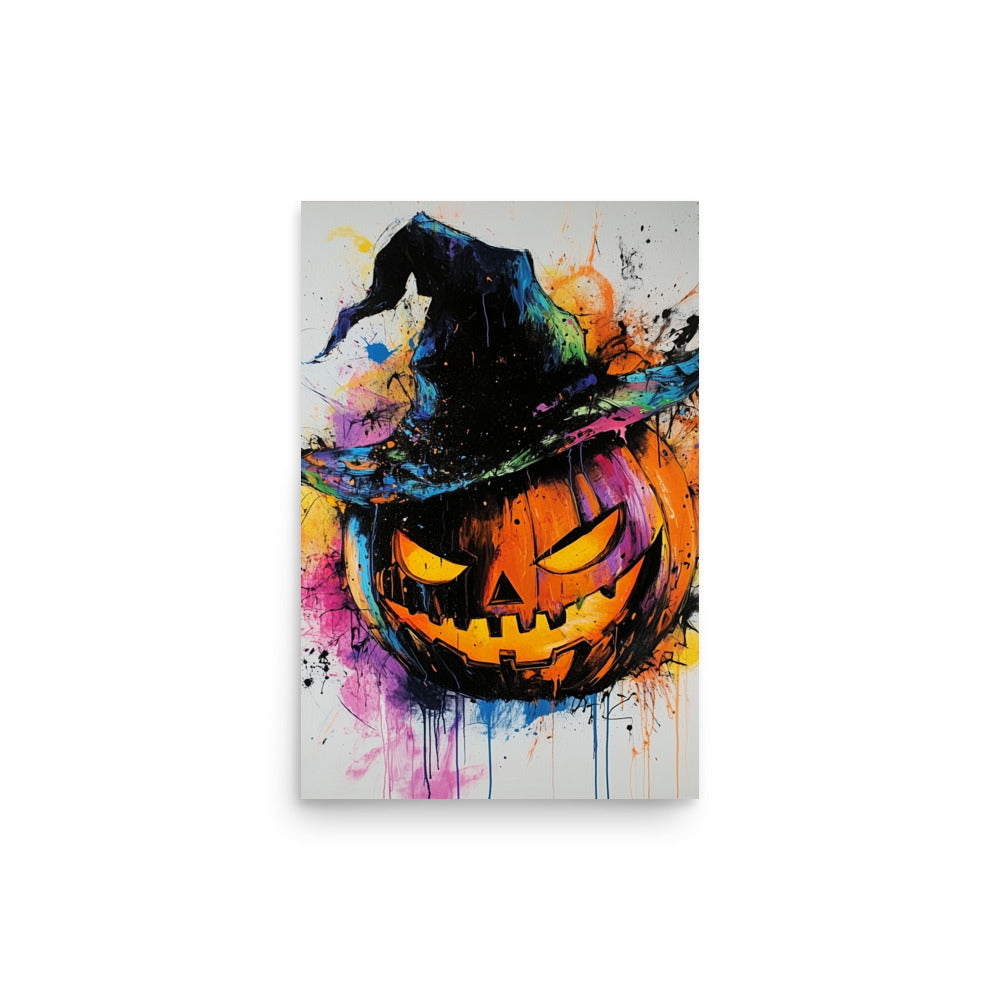 Vibrant Halloween Jack-O'-Lantern Colorful Witch Hat Pumpkin Poster