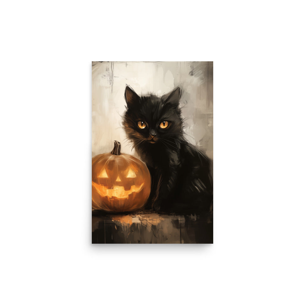 Black Cat and Pumpkin Halloween Portrait Poster