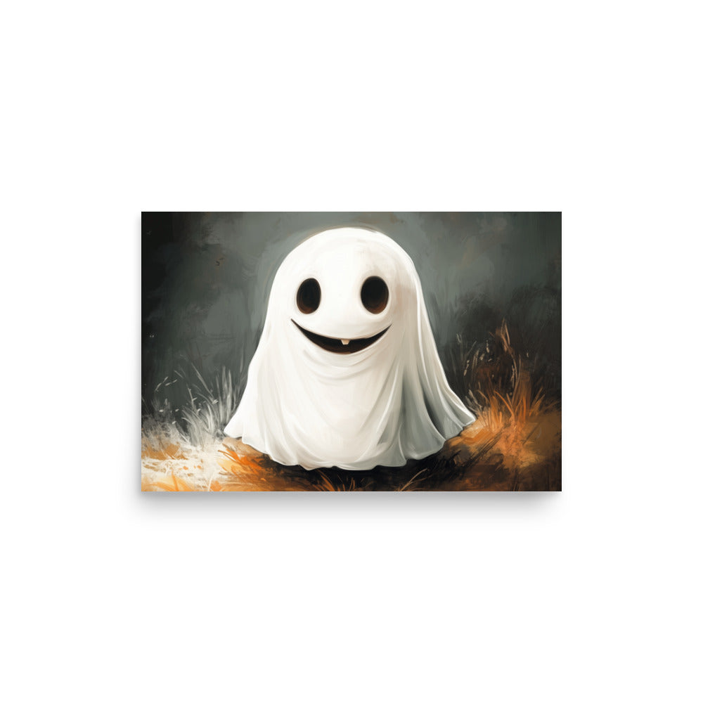 Cute Smiling Ghost in Yellow Grass Poster