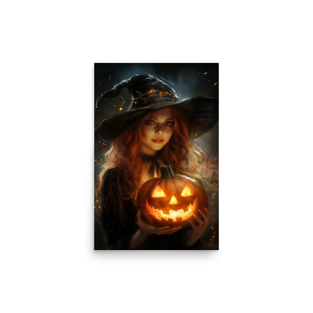 Beautiful Redhead Witch Holding Carved Pumpkin Poster