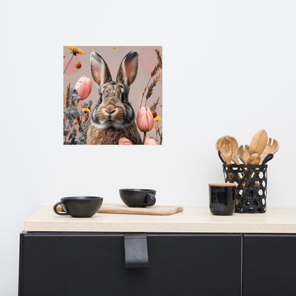 Brown bunny rabbit in tulips Poster