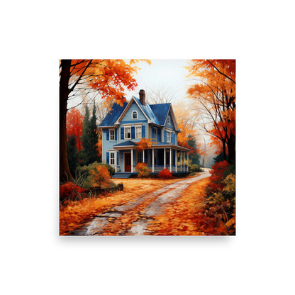 Blue cottage house in autumn Poster