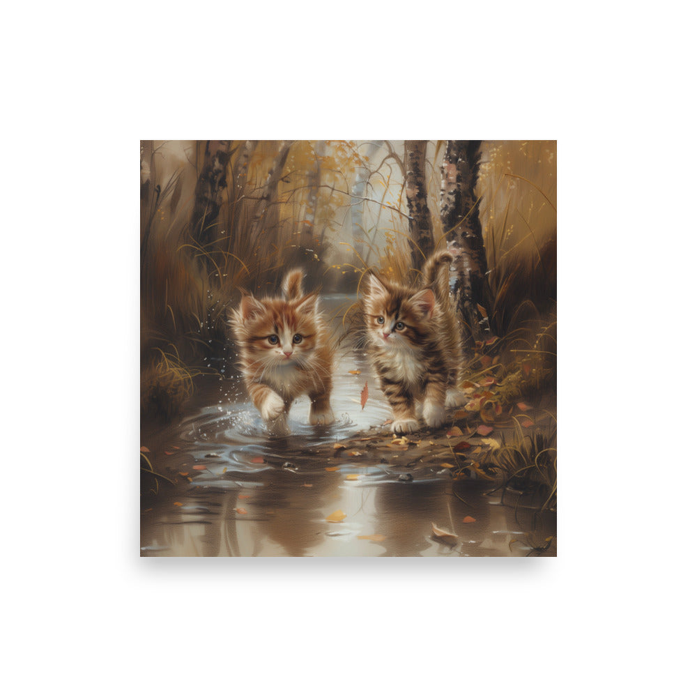 Two tabby kittens exploring the forest Poster