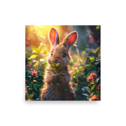 Forêt luxuriante et lapin en dessin animé marron Affiche