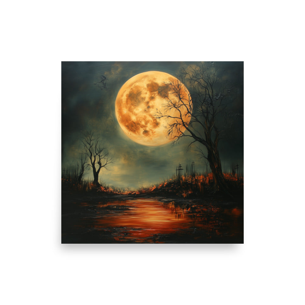 Haunted Full Moon – Spooky Landscape with Reflections Poster