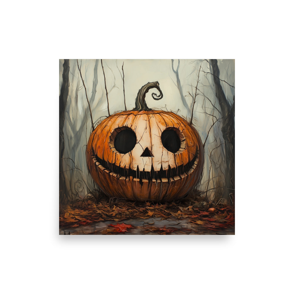 Creepy Smiling Pumpkin in Dark Forest Poster