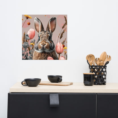 Brown bunny rabbit in tulips Poster