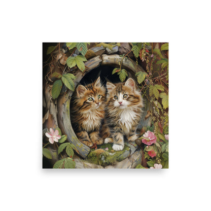 Two tabby kittens in a wooden pipe Poster