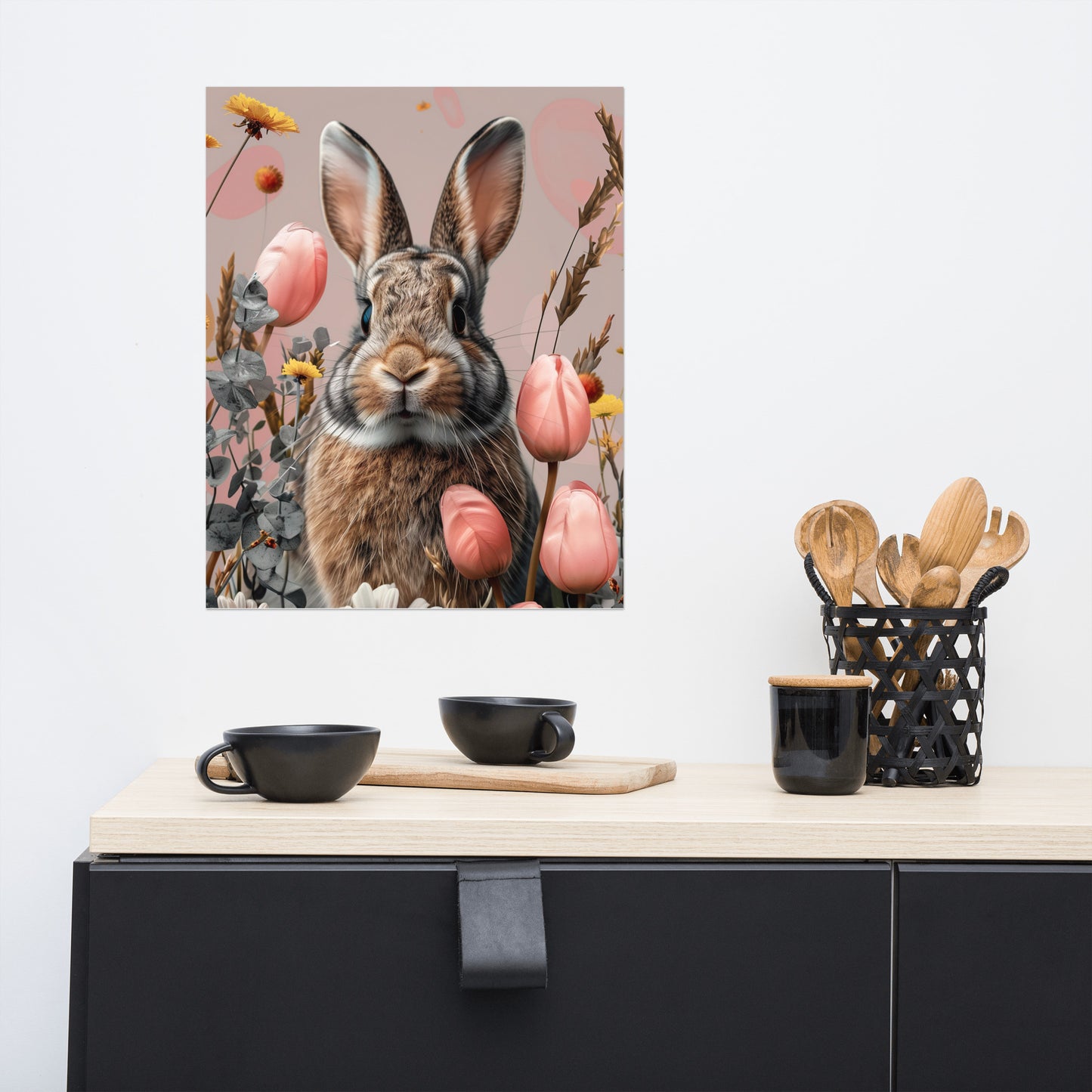 Brown bunny rabbit in tulips Poster