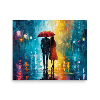 Couple of lovers under the rain at night sharing an umbrella - Poster