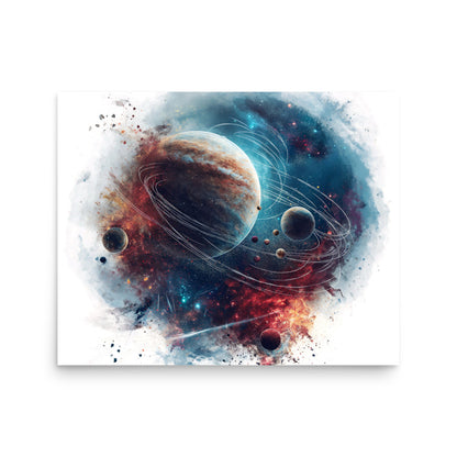 Watercolor space scene with gas giant planet, moons and stars - Poster