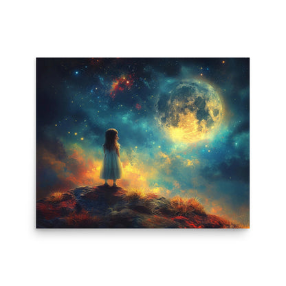 Petite fille souhaitant sous les étoiles et la pleine lune - Affiche