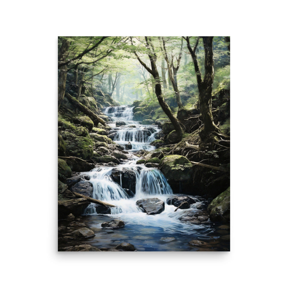 Lush forest and water stream Poster