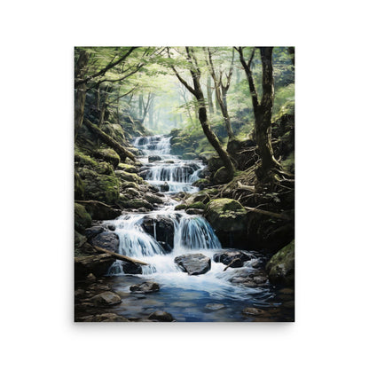 Forêt luxuriante et ruisseau d'eau Affiche