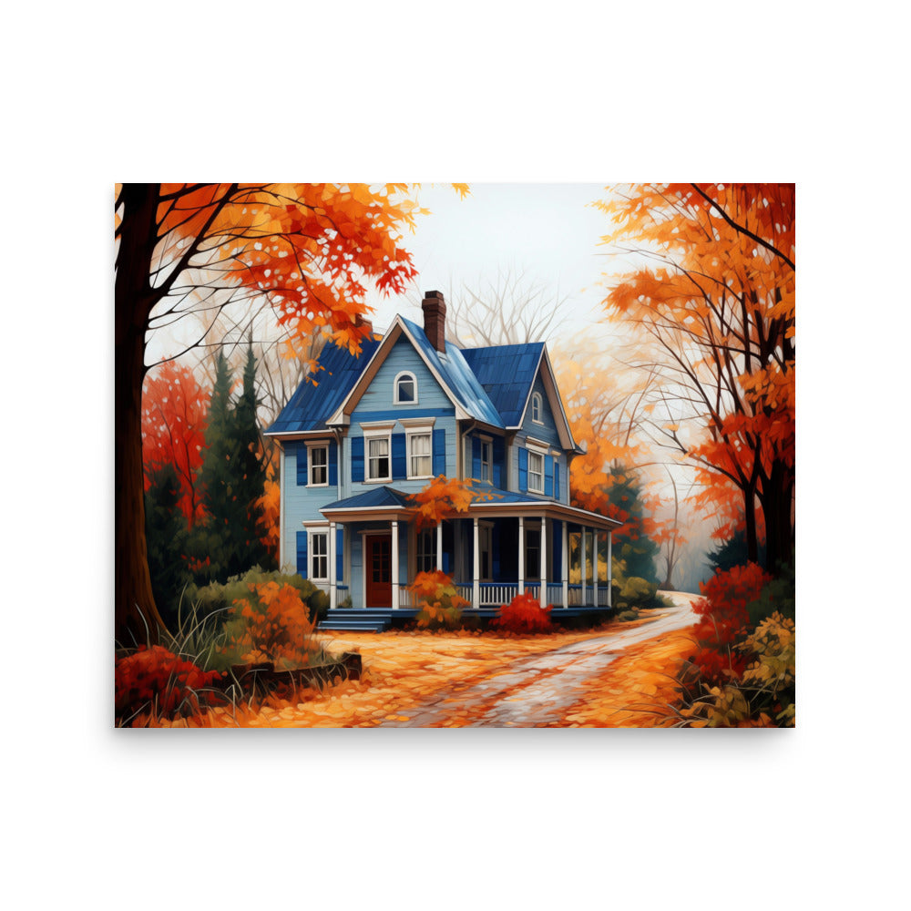 Maison de campagne bleue en automne Affiche