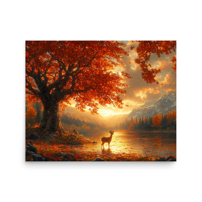 Autumn oak deer lake dawn Poster