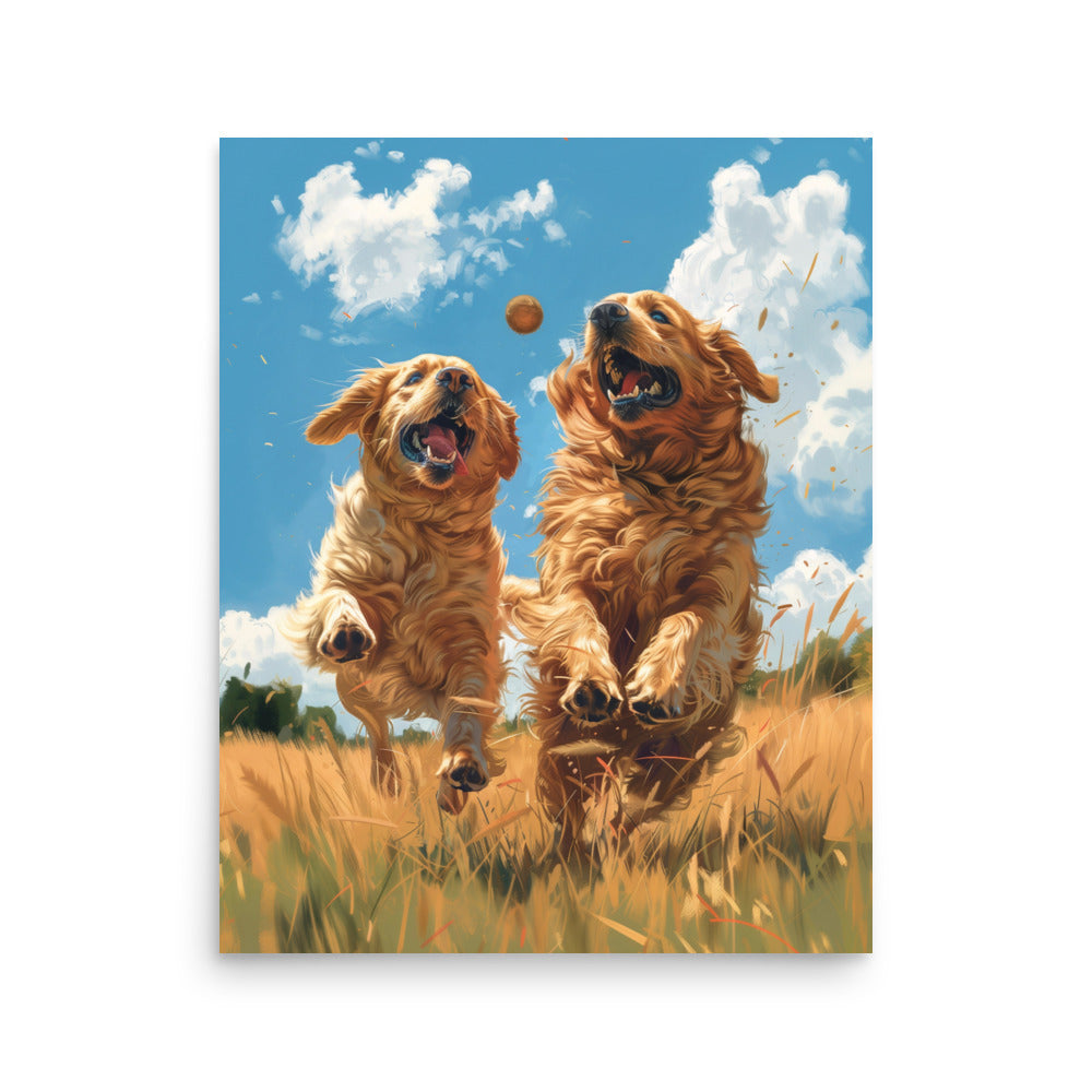 Two golden retriever dogs playing in a field Poster