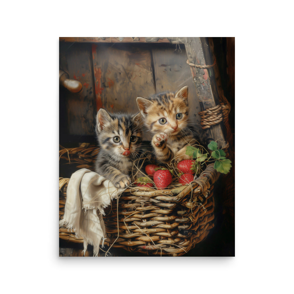 Chatons dans un panier en osier et des fraises Affiche