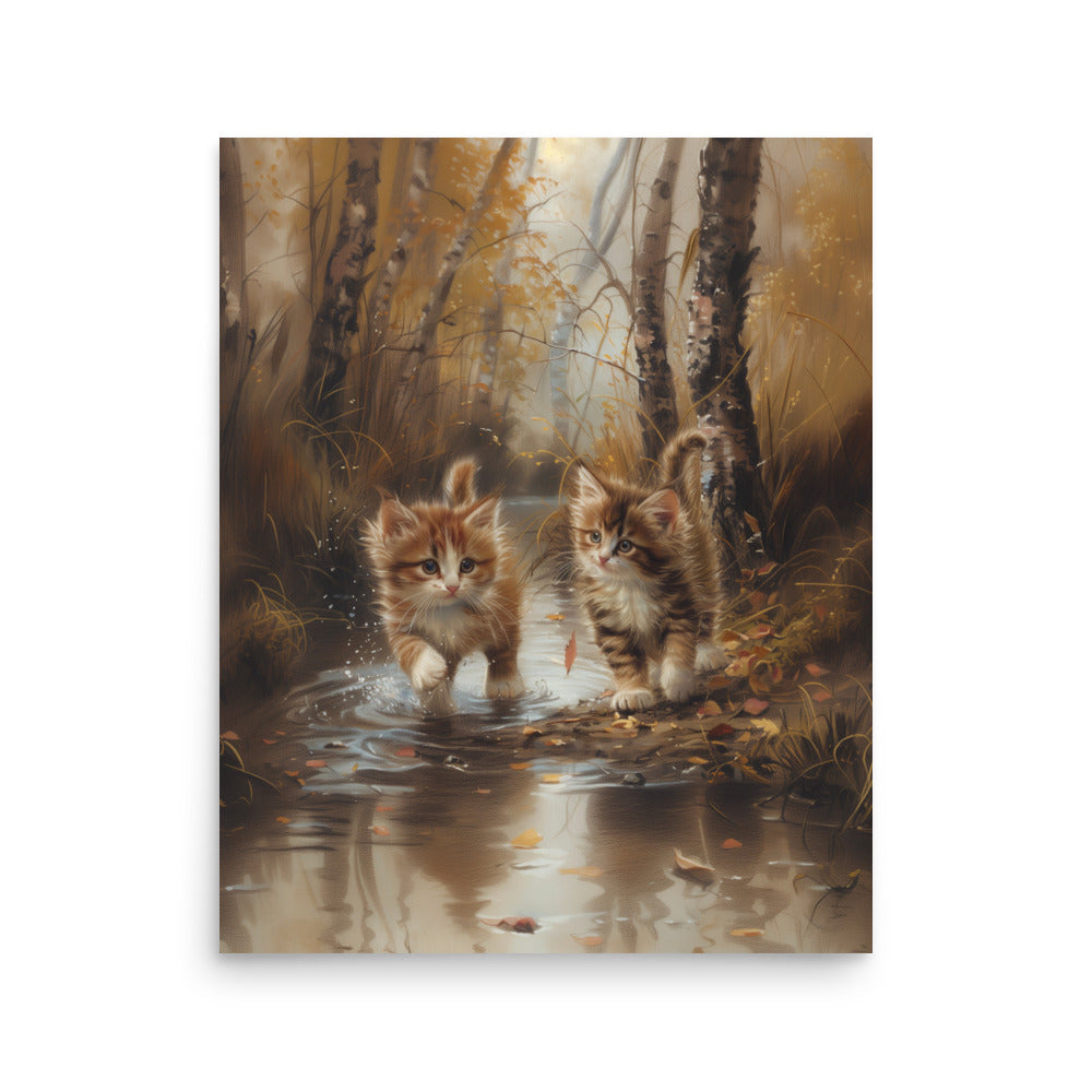 Two tabby kittens exploring the forest Poster