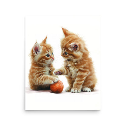 Two red tabby kittens playing ball Poster