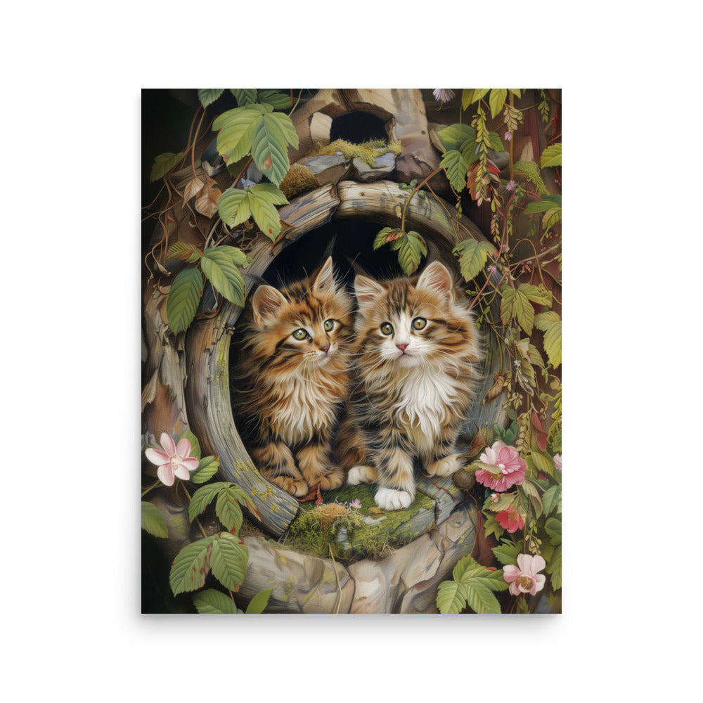 Two tabby kittens in a wooden pipe Poster