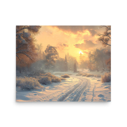 Snowy road at dawn Poster