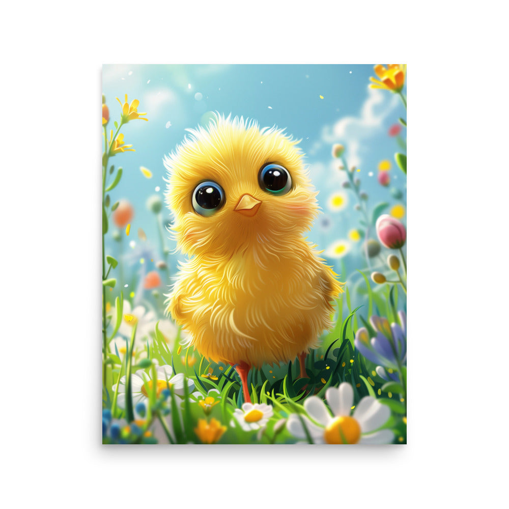 Cartoon yellow chick in summer field Poster